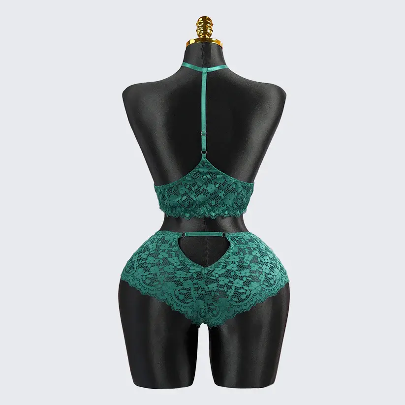 Sexy Green Lace Embroidery Halter Neck Bra Panty Set