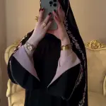 Black Embroidered Abaya with Pink Cuff Details