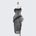 Sparkly Spaghetti Strap Mesh Ruffled Sheer Nightwear Dress Lingerie