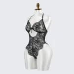 Black Floral Lace Embroidery See-through Bodysuit