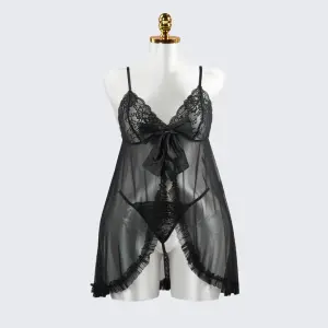 Black Lace Embroidery See-through Hollow Babydolls Lingerie