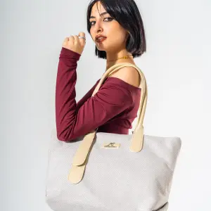 Tote Bag with Contrast Handle - BEIGE