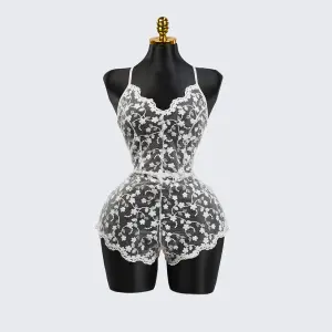 White Lace Embroidery See-Through Hollow Teddy Bodysuit
