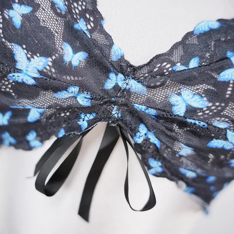 Blue Butterfly Print Sheer Black Mesh Bra Panty Set