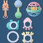 كيس شخاليل وعضاضات سيلكون ٧ قطع ، ٤ العاب و٣ دايرة هوك للتعليق في السترولر والعربية والباونسر