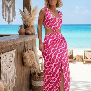 Pink Chain Print Cutout Maxi Dress.
