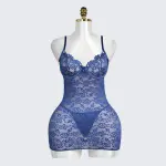 Blue Lace Floral Embroidery See-through Beaded Chemises