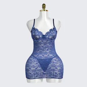 Blue Lace Floral Embroidery See-through Beaded Chemises