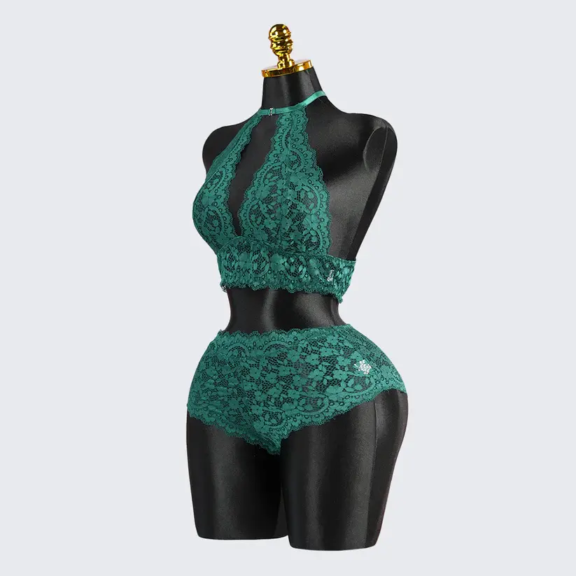 Sexy Green Lace Embroidery Halter Neck Bra Panty Set