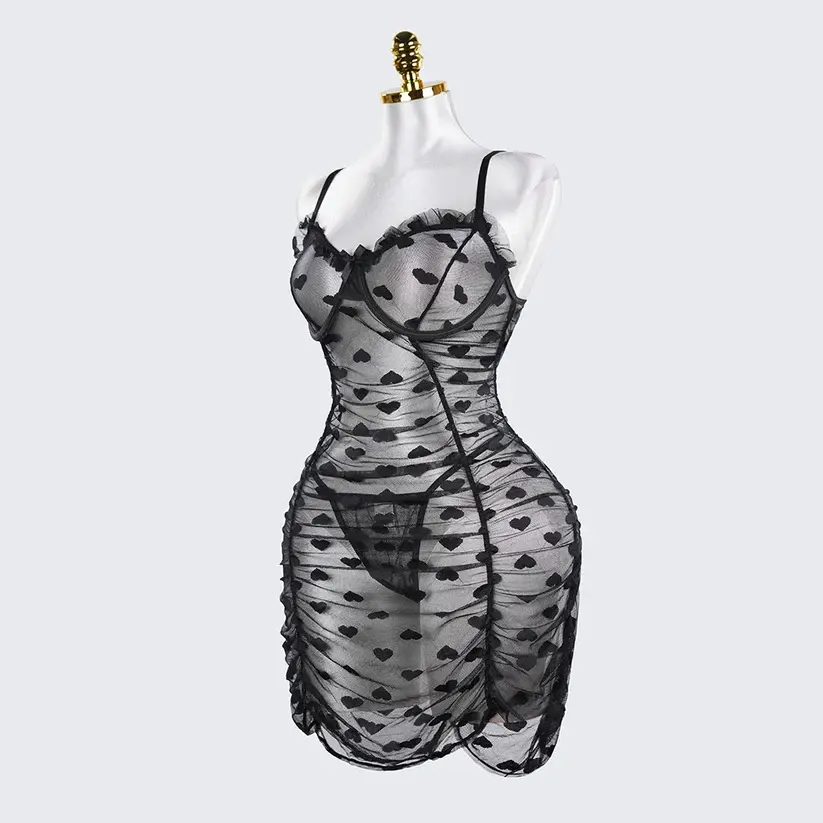 Plus Size See-Through Mesh Heart Lace Dress Lingerie Set