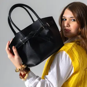 Belted Pebbled Hand Bag - black