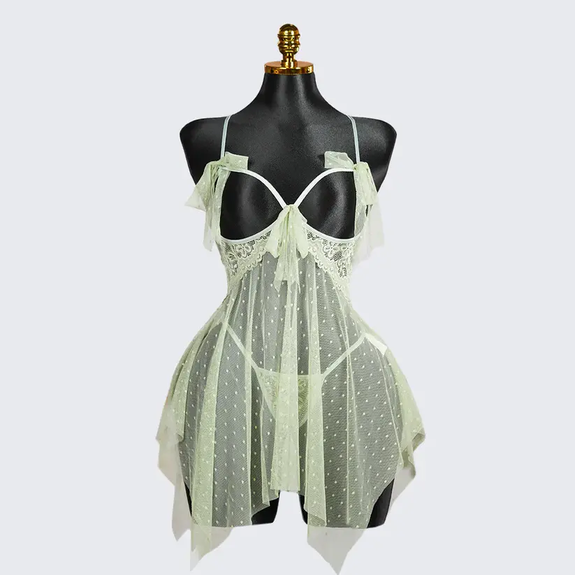 Light Green Lace See-through Lingerie Dress Panty Set
