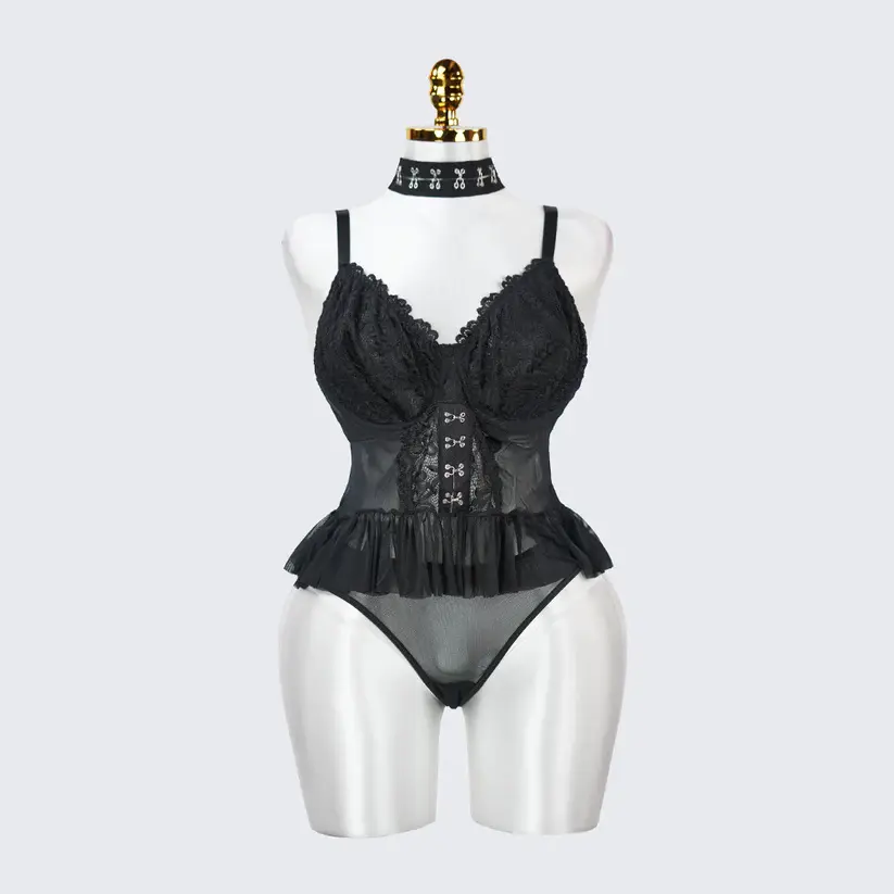 Plus Size Lace Sheer Ruffle Tummy Control Lingerie Set