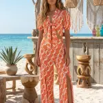 Orange and White Chain Print top&Pants Set.