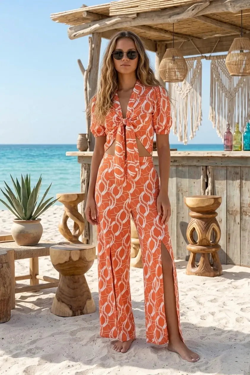 Orange and White Chain Print top&Pants Set.