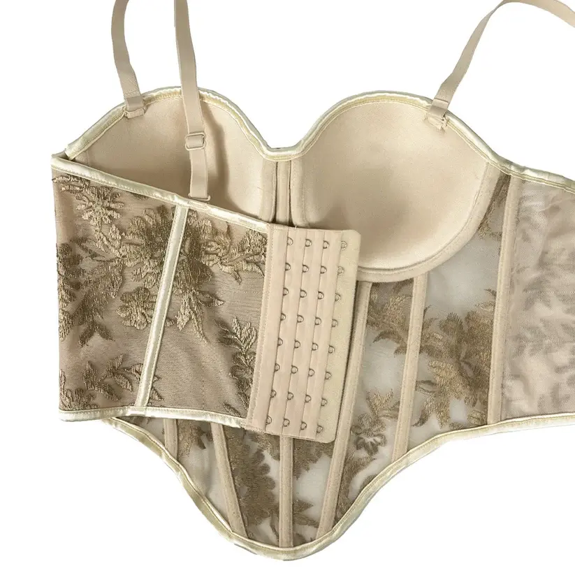 Embroidered Boned Corset Top Built-in Pad Sheer Bustier Camisole