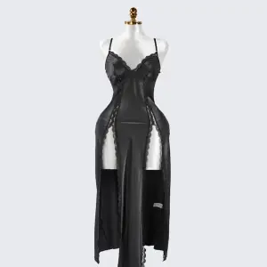 Black Lace Paneled Spaghetti Strap Nightgown