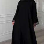 LUXURY CLASSIC BLACK ABAYA WITH EMBROIDERED ORGANZA TRIM A11