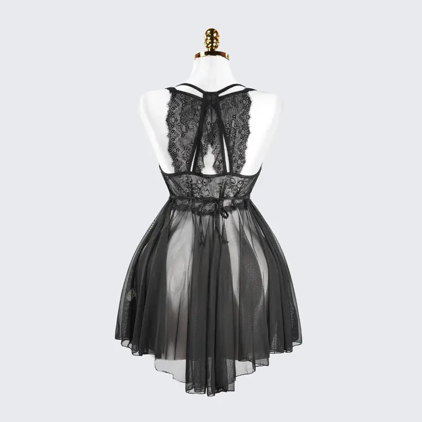 Sheer Fine Mesh Embroidered Babydoll Spaghetti Strap Lingerie