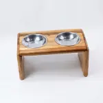 Modern Boho Wooden Pet Bowl Holder – Water-Resistant Raised Feeder for Cats and Small Dogs