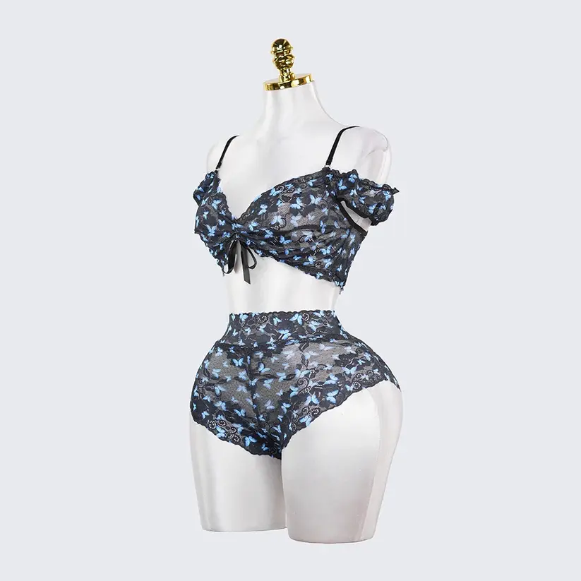 Blue Butterfly Print Sheer Black Mesh Bra Panty Set