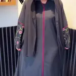 Black Abaya with Delicate Floral Embroidery - Classic Cut with Front Buttons