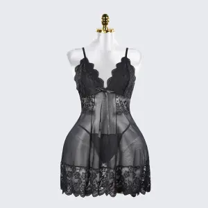 Plus Size Sheer Lace Nightgown Set Open Back Short Dress