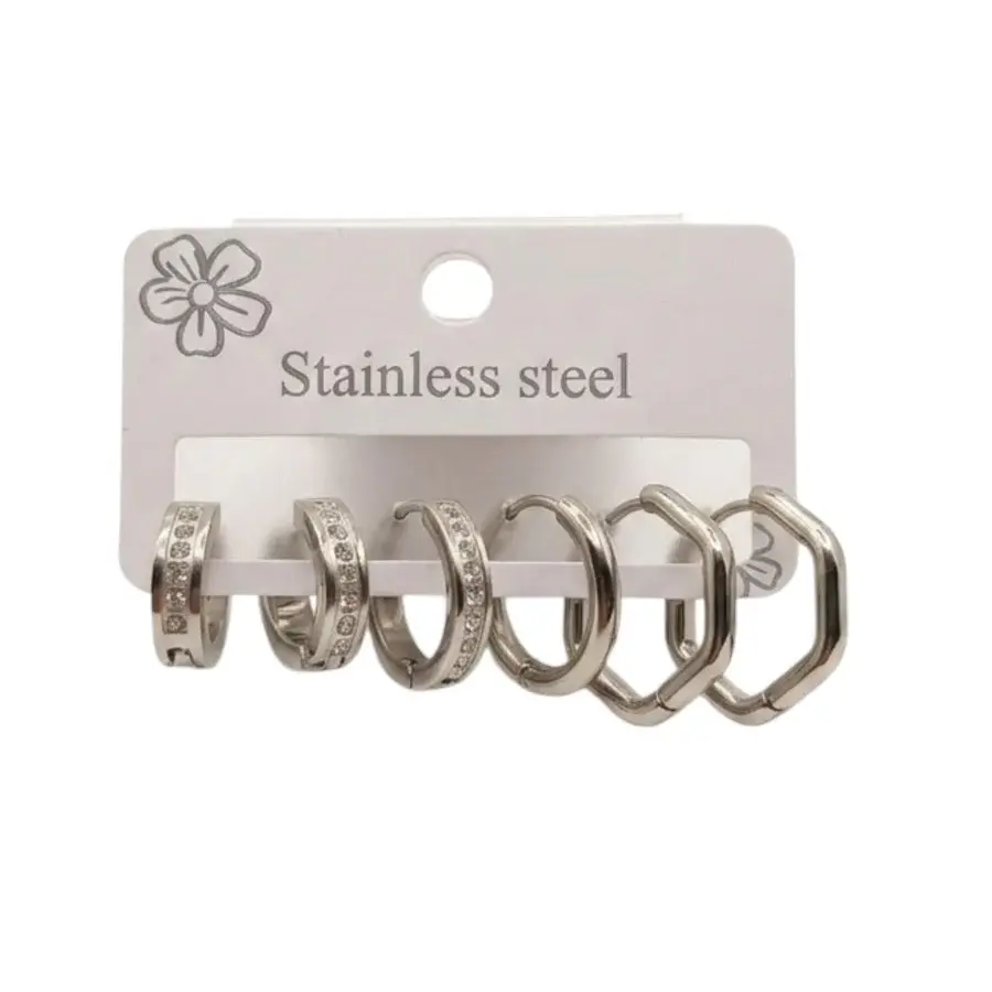 3-Pair Silver Geometric Hoop Set EA-223