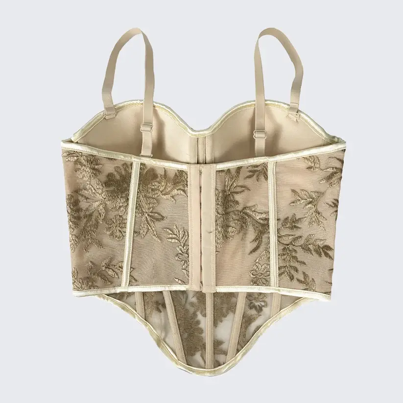 Embroidered Boned Corset Top Built-in Pad Sheer Bustier Camisole