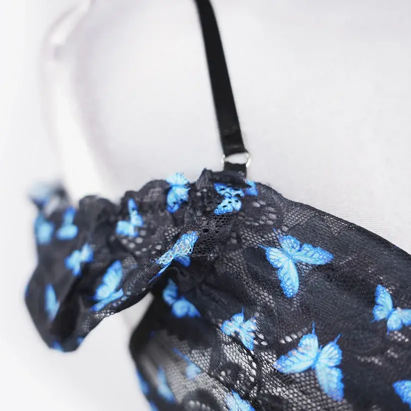 Blue Butterfly Print Sheer Black Mesh Bra Panty Set