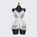 Lace Embroidery Deep V See-Through Babydoll Skirt