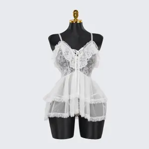 Lace Embroidery Deep V See-Through Babydoll Skirt