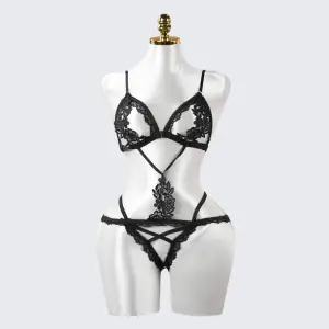 Sexy Black Lace Embroidery Erotic Cut-Out Bodysuit