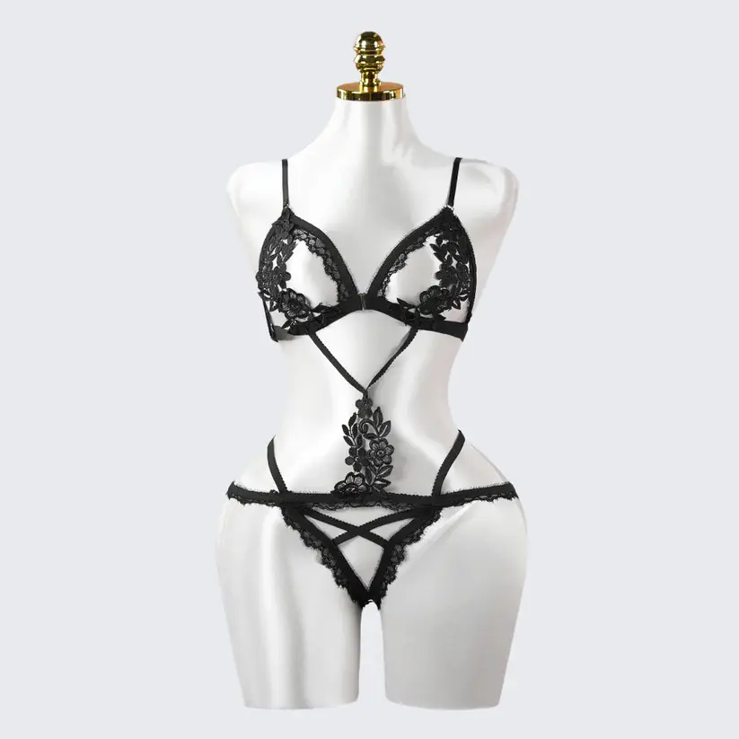 Sexy Black Lace Embroidery Erotic Cut-Out Bodysuit