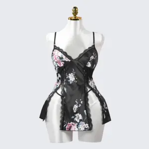 Black Lace Embroidery Seduction High Slit Suspender Panty Set