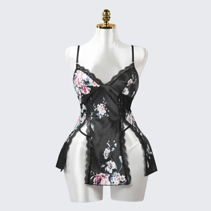 Black Lace Embroidery Seduction High Slit Suspender Panty Set