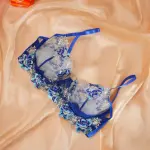 Blue Floral Lace Embroidered See-through Bra