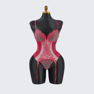 Lace Floral Embroidered Bodysuit Gloves Set