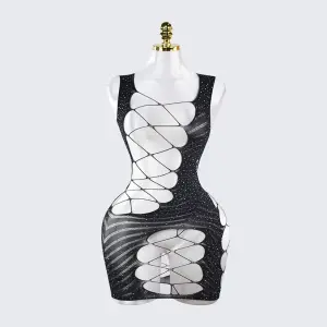 Fishnet Cutout Rhinestone Spaghetti Strap Backless Chemise