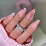 10pcs french pink cat eye&small flower design nails