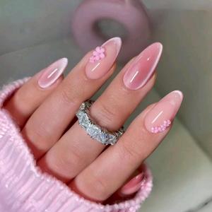 10pcs french pink cat eye&small flower design nails
