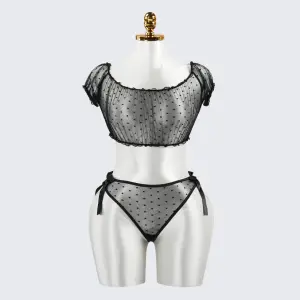 Black Polka Dot See-Through Hollow Bra Panty Set