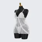 Lace Embroidery Deep V See-Through High Slit Babydoll Thong Set