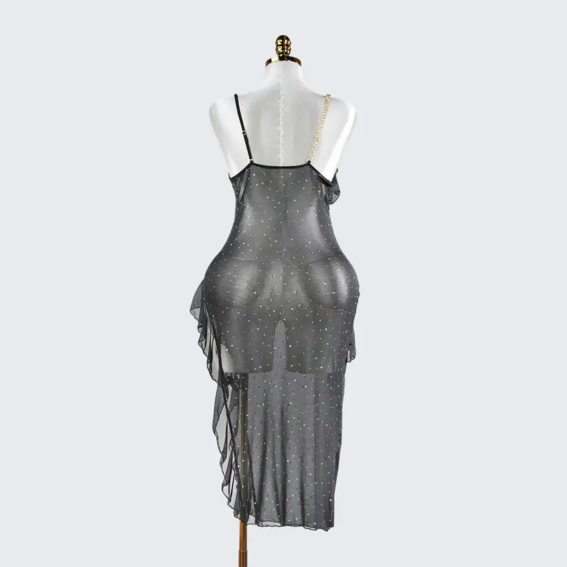 Sparkly Spaghetti Strap Mesh Ruffled Sheer Nightwear Dress Lingerie