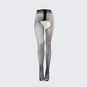 Sexy Crotchless Pantyhose Ultra-Thin 0D Polka Dot High Waist Shiny Black