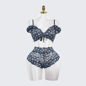 Blue Butterfly Print Sheer Black Mesh Bra Panty Set