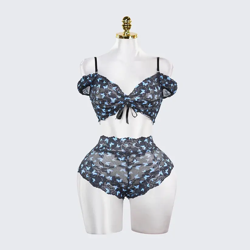 Blue Butterfly Print Sheer Black Mesh Bra Panty Set