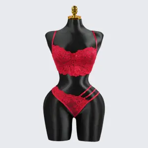 Red Lace Embroidery See-Through Sexy Bra Thong Set