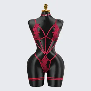 Crimson Seduction Red Lace Embroidery Seduction Bodysuit