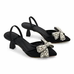 Pointed Toe Lace Heels with Pearl Embellished Bow C-132
